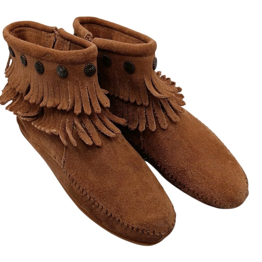 Minnetonka Brown Suede Fringe Ankle Moccasin Boots Women's Size 8 Boho Western